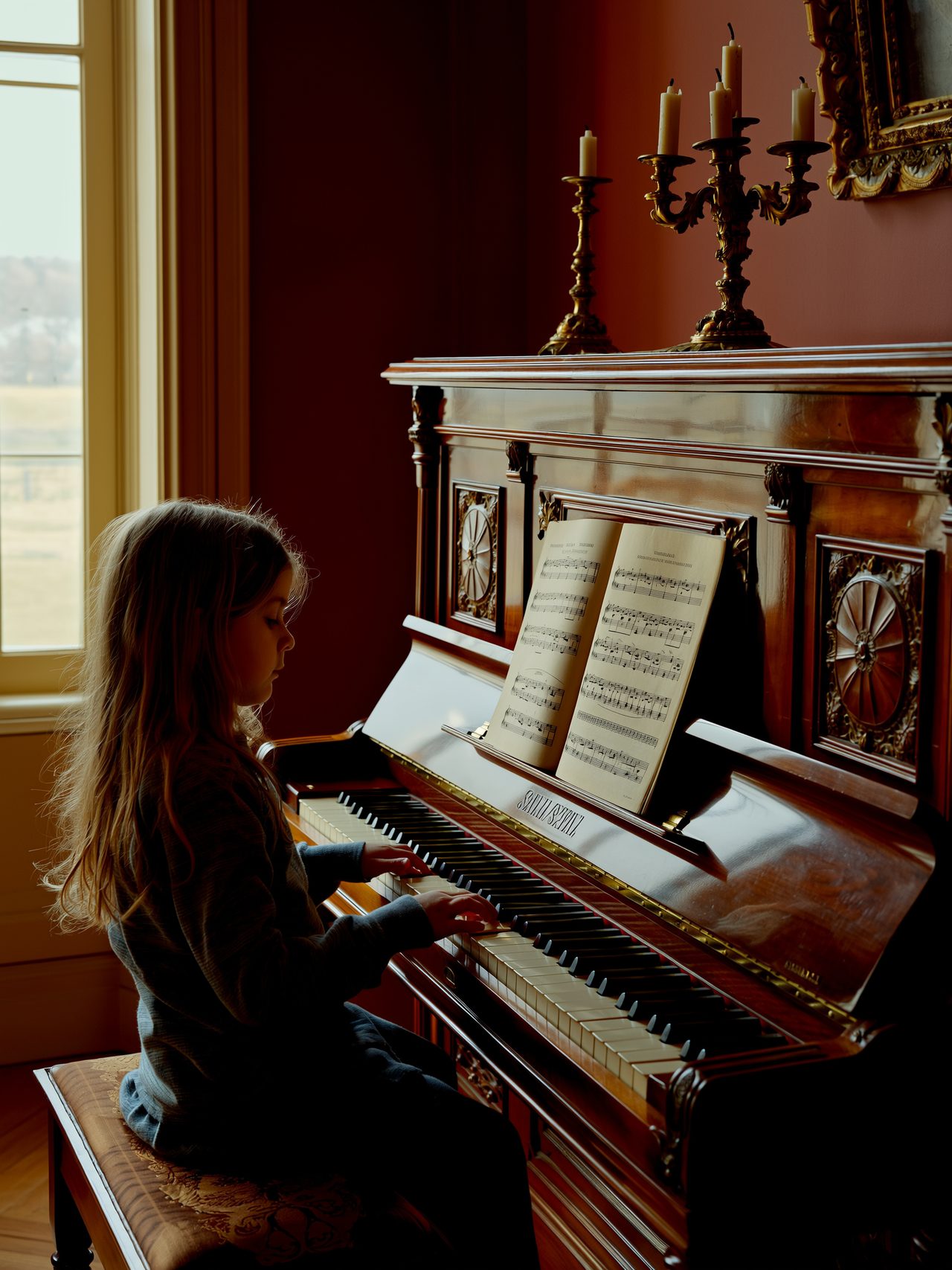 Young student at an antique upright piano, classical salon