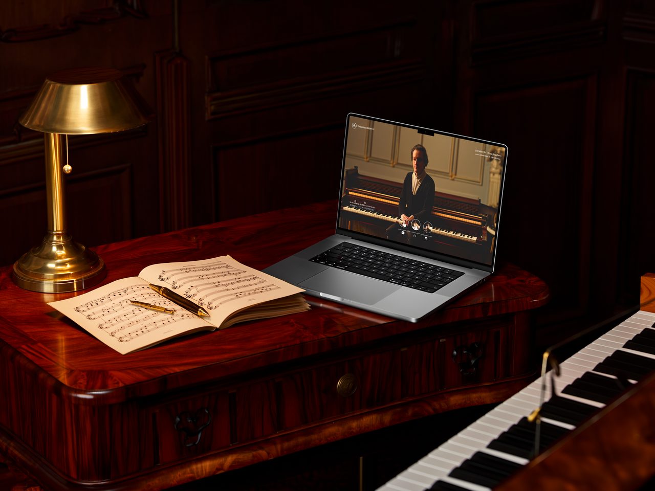 Google Meet piano lesson setup with sheet music and warm lamplight